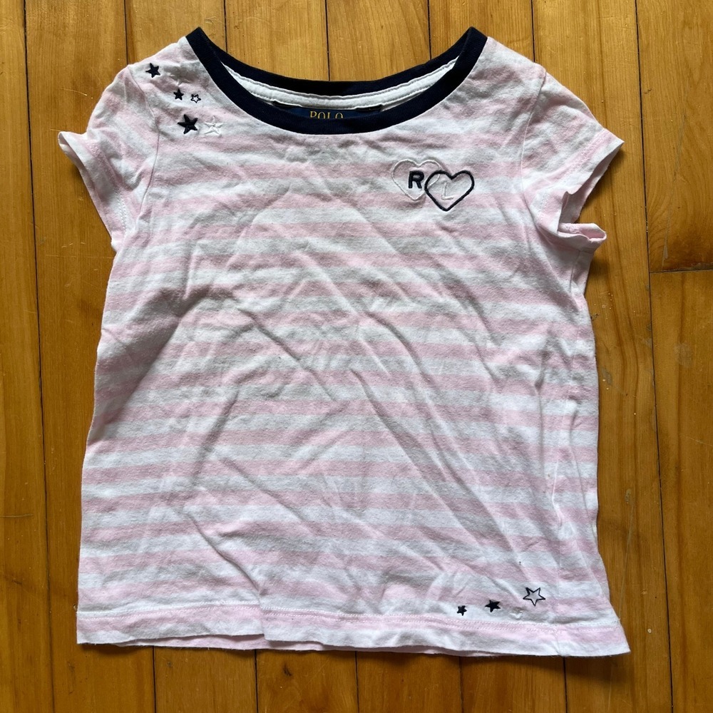 Polo Ralph Lauren Girls Pink White Striped Heart Star Tee Shirt Size 4T